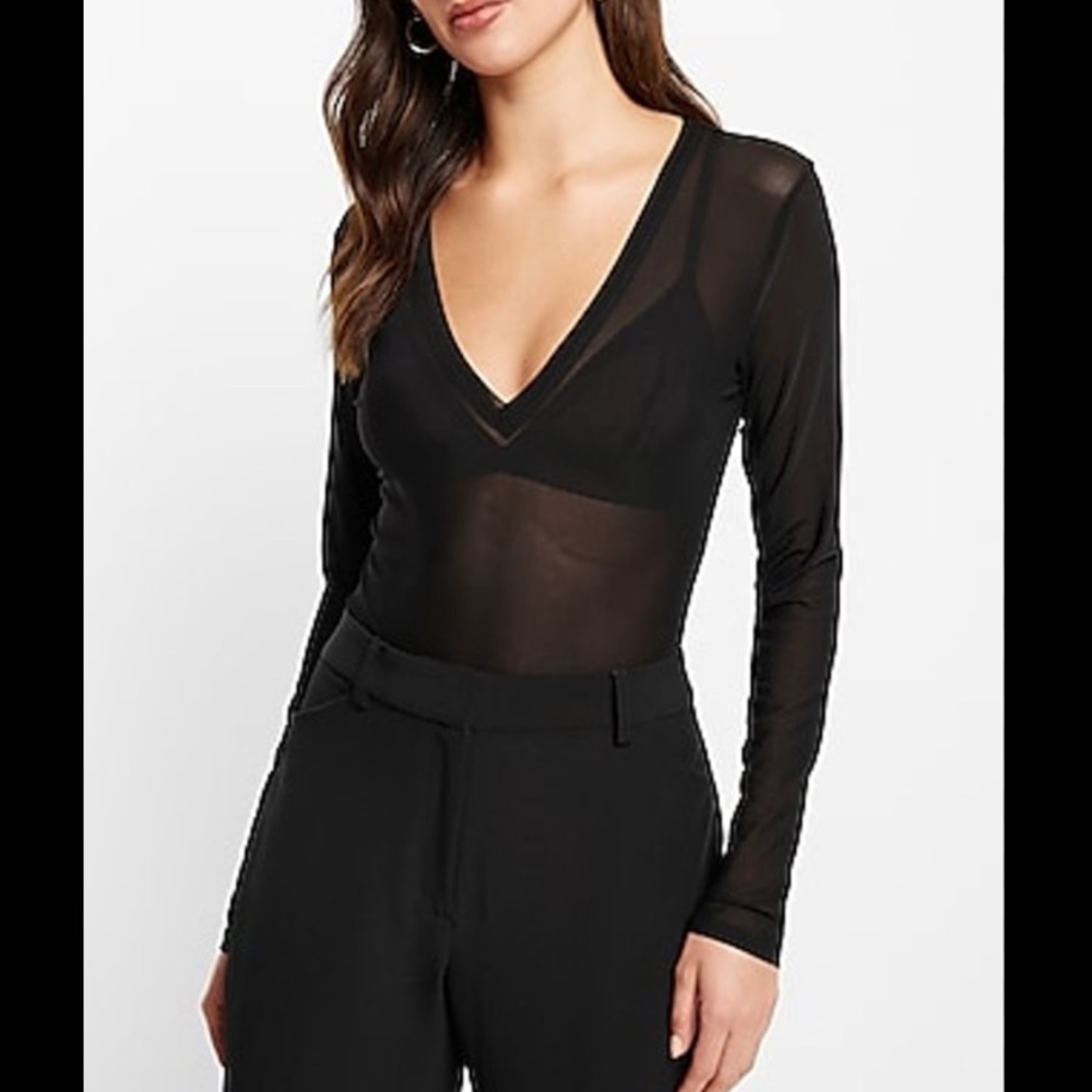Express Black Mesh V-Neck Bodysuit